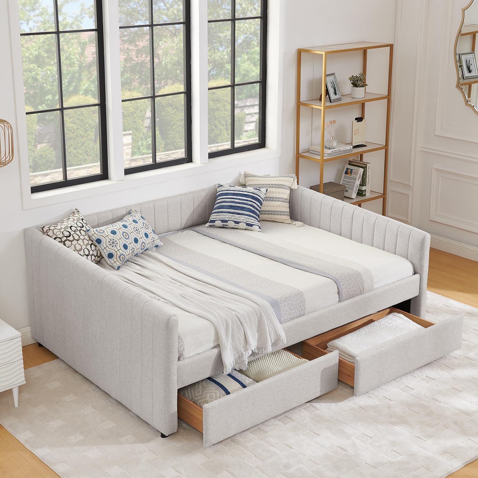Photo 1 of  ***********FINAL SALE- NO RETURNS**********Obuvar Daybed with Storage Drawers, Modern Upholstered Linen Queen Size Day Bed Frame with Stripes, Tufted Corner Sofa Bed Furniture for Bedroom, Living Room, Guest Room No Box Spring Required, Beige