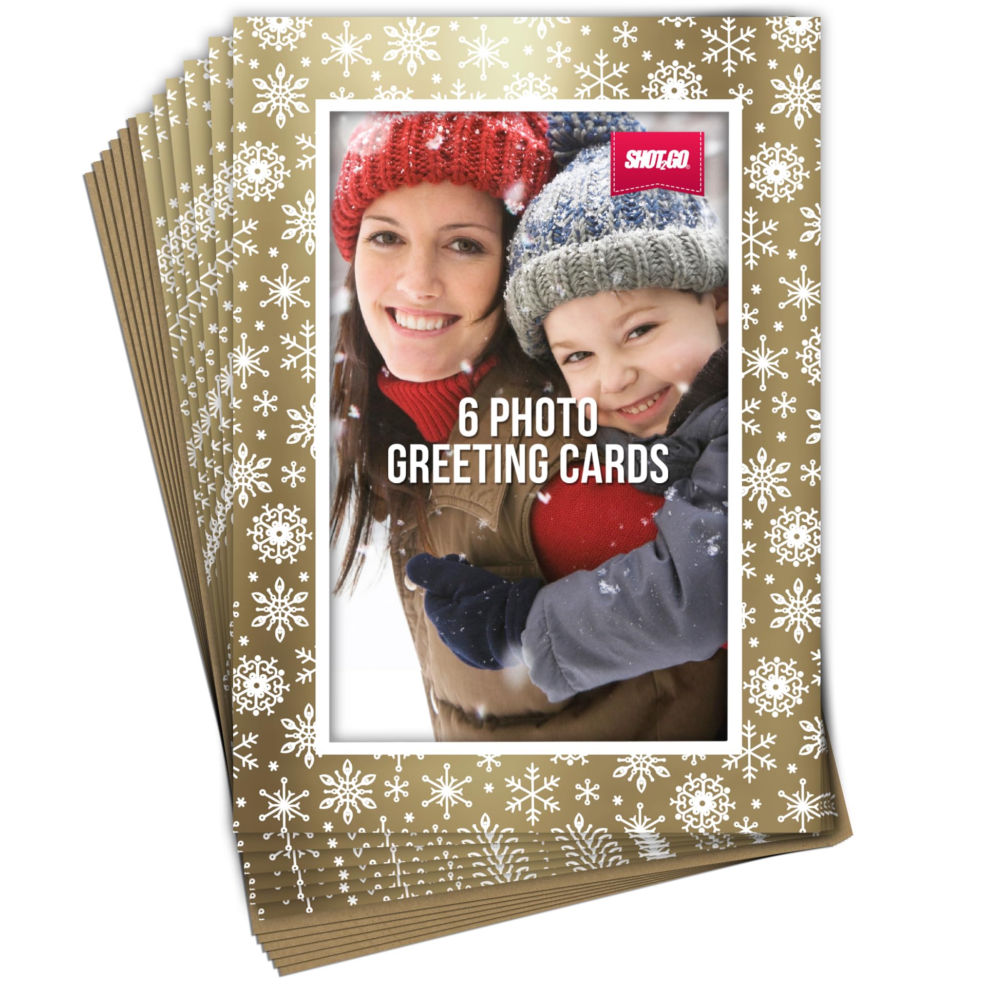 Shot2go Pack of 6 Christmas Photo Cards (Gold White Snowflake) — image 1