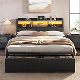 Furnulem Full Size Bed Frame with Headboard and Charging Station,2 Drawers | 2-Tier Storage Shelves,Metal Platform ,LED Lights, Noise Free, Easy Assembly,No Box Spring Needed,1200 lbs Capacity, Black