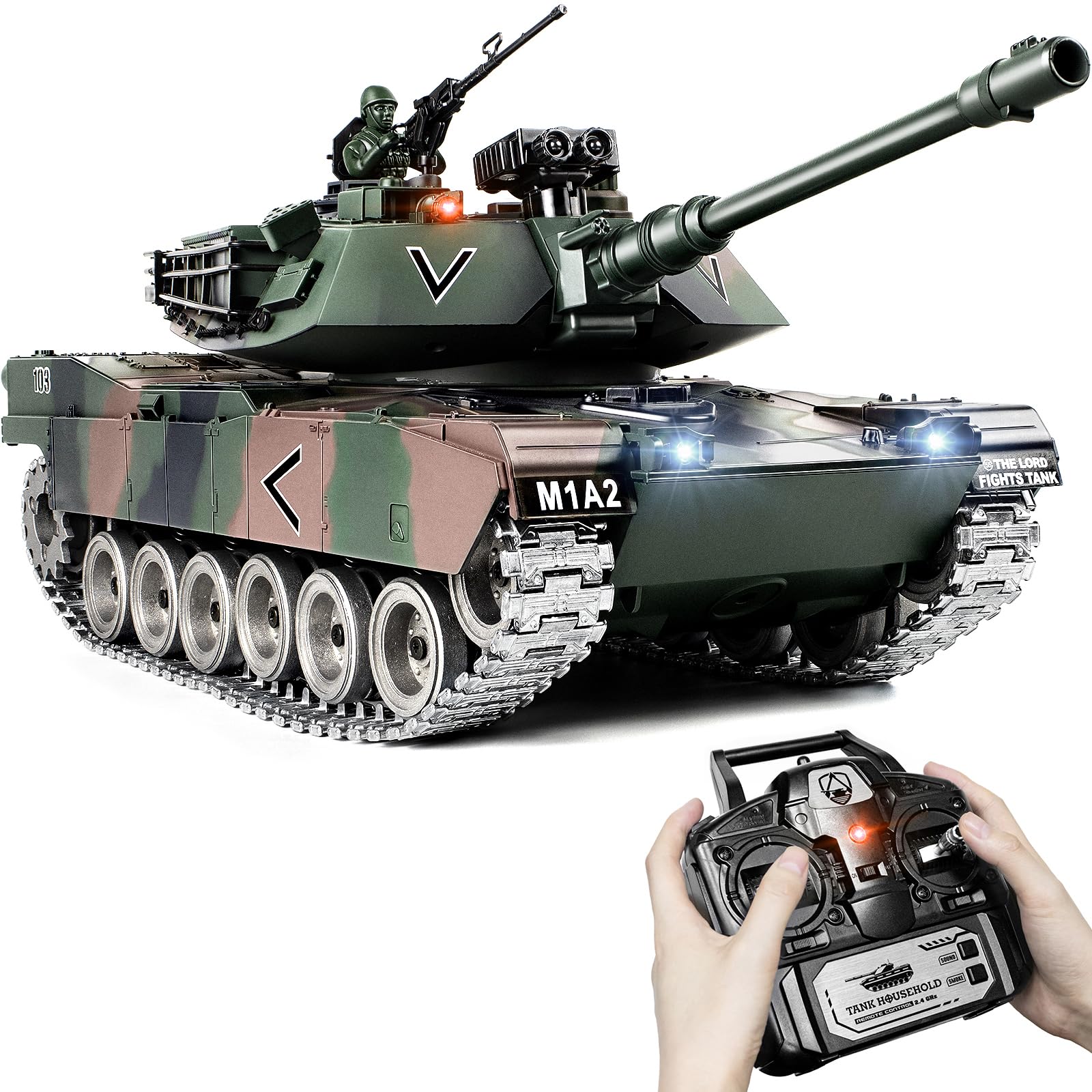 Supdex RC Tank, 1:18 Alloy Metal M1A2 Abrams Remote Control Model Army Toys, 2.4Ghz Military Tank with Smoke, Sound and Lights, RC Vehicle That Shoots BBS and Water Bombs for Adults and Kids