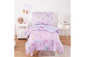 Wake In Cloud - Butterfly Toddler Bedding Set for Girls, Cute Colorful Butterfly with Floral Flowers, 4 Pieces Soft Crib Bed Set Including Comforter, Sheets and Pillowcase, Purple