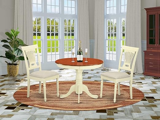Amazon Com East West Furniture Anpl3 Whi C Dining Table Set 2 Amazing Dining Chairs A Stunning Wood Kitchen Table Linen Fabric Seat Cherry And Buttermilk Finish Round Kitchen Table Table Chair