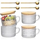Vintage Coffee Mugs 4pcs Set, 14 Oz Glass Coffee Cups Gifts for Women, Overnight Oats containers with Bamboo Lids and Spoons,