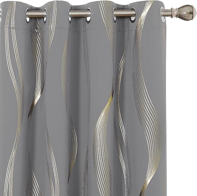 Deconovo Blackout Curtains 46x72 Inch Gold Wave Foil Printed 2 Panels Grey
