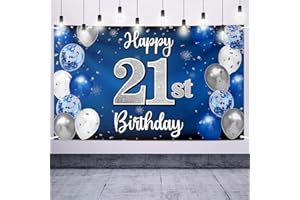 Nelbiirth Happy 21st Birthday Decorations,21 Blue & Silver Balloon Large Birthday Banner Backdrop Sign,21st Bday Party Supplies.