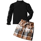 Sislerew Toddler Girl Clothes Girls Outfits Flare-lace Sleeve Top and Plaid Skirt Dress Fall Winter 2Pcs Girls Clothes 5-12T