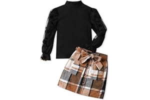 Sislerew Toddler Girl Clothes Girls Outfits Flare-lace Sleeve Top and Plaid Skirt Dress Fall Winter 2Pcs Girls Clothes 5-12T