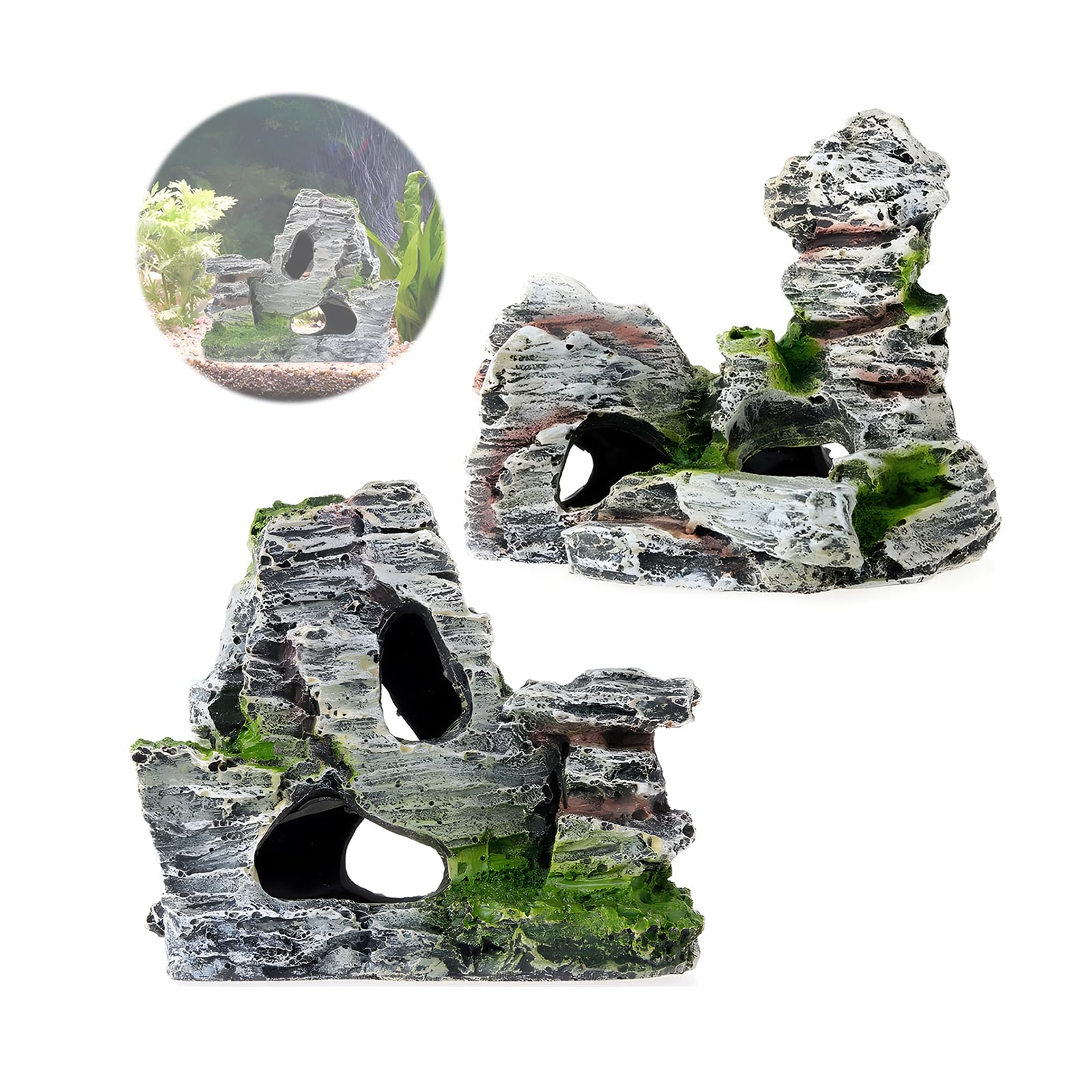 HPiano 2pcs Fish Tank Rockery Hiding Cave Decoration For Fish Tank, Aquarium Rock Cave Decoration with Green Grass for Fish Shrimp Hiding Aquarium Ornament Pet Supplies