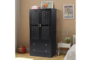 QEIUZON Wardrobe Closet, Freestanding Closet Wardrobe Cabinet with Wide Drawers & Hanging Rod, Armoire for Bedroom, Kids' Room, Dorm (Black)