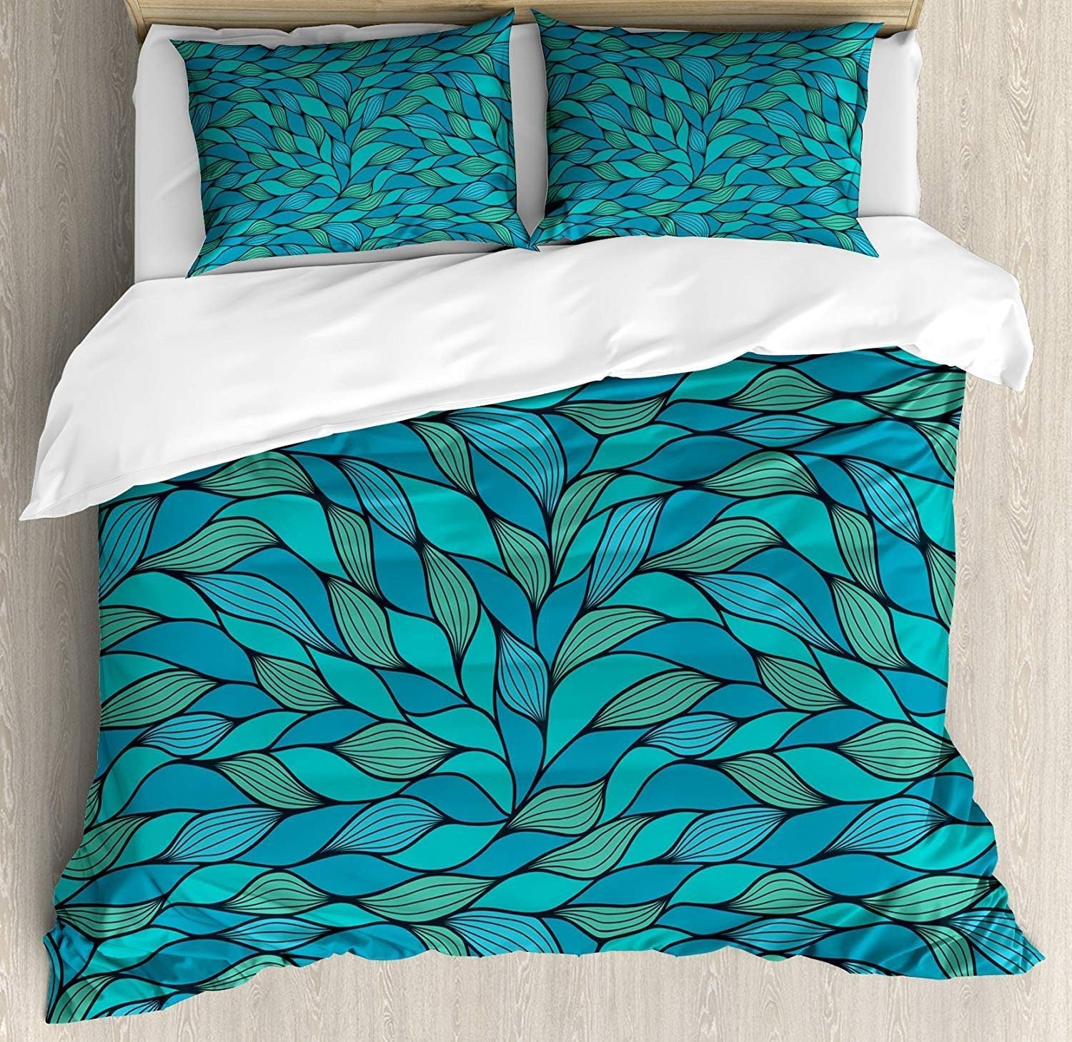 LONSANT Teal Duvet Cover Set Queen Size, Abstract Wave Design Ocean Themed Marine Life Pattern Print,Fashion 3 Piece Bedding Set with 2 Pillow Shams, Blue Mint Green