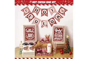 BESSMOSO Hot Cocoa Bar Kit Hot Cocoa Banner Hot Chocolate Bar Sign Toppings Tent Cards Cup Tags Stickers for Wintertime Holiday Christmas Party Baby It's Cold Outside Decorations (Red and White Style)