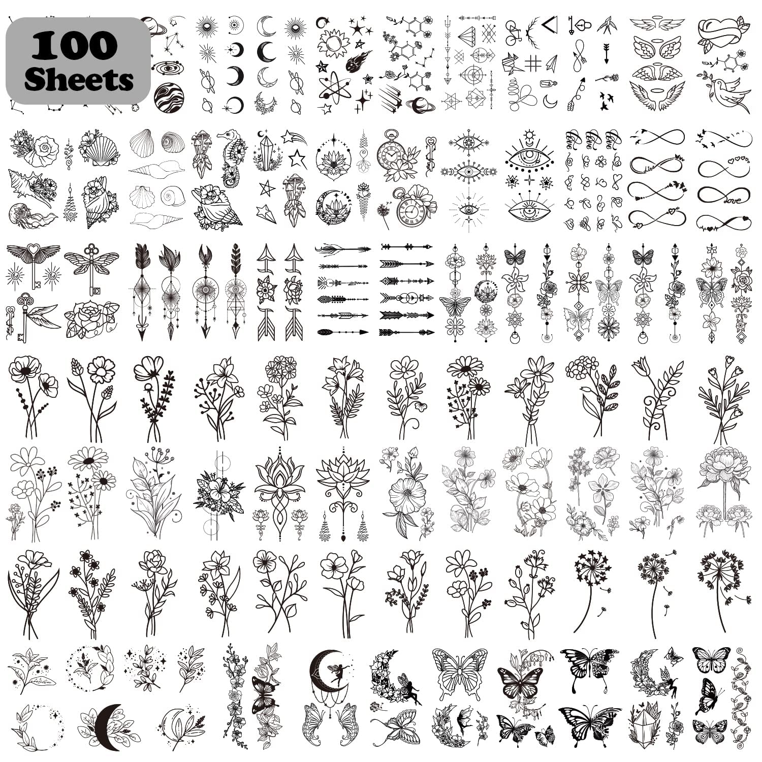 Acevegue 100 Sheets Tiny Branch Temporary Tattoos for Women Girls, Semi Permanent Black Flowers Wild Plant Rose Dandelion Butterfly Stickers, Realistic Small Fake Tattoos for Adults and Kids