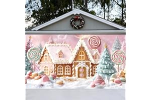 Preboun Pastel Candyland Christmas Garage Door Decoration 7 x 16 ft Candy House Garage Door Banner Cover Christmas Tree Backdrop for Xmas Eve Holiday Outdoor Wall Decor