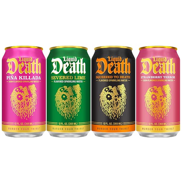 LIQUID DEATH SODA-FLAVORED SPARKLING WATER – MODERN VARIETY, LESS SUGAR*, HUGE FLAVOR, NO CAFFEINE, NO ARTIFICIAL SWEETENERS, 4 FLAVORS: LIME, ORANGE, STRAWBERRY, PIÑA KILLADA 12 FL OZ (PACK OF 12)