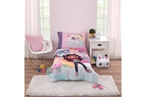 NoJo DreamWorks Gabby's Dollhouse Dream It Up Multi-Colored Rainbow PJ Time 4 Piece Toddler Bed Set - Comforter, Fitted Bottom Sheet, Flat Top Sheet and Reversible Pillowcase