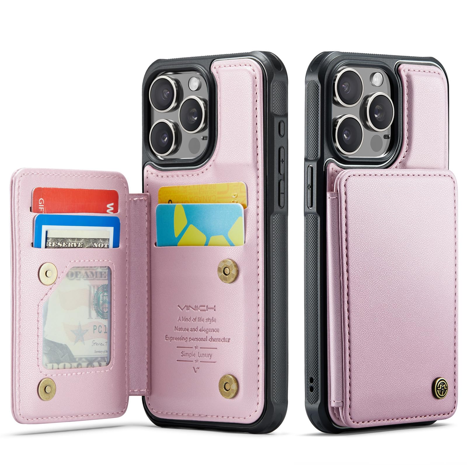 Photo 1 of Vinich for iPhone 15 Pro Max Wallet Case with Card Holder, RFID Blocking Credit Slots Kickstand Shockproof Phone Cover for Women Men, Rose Gold