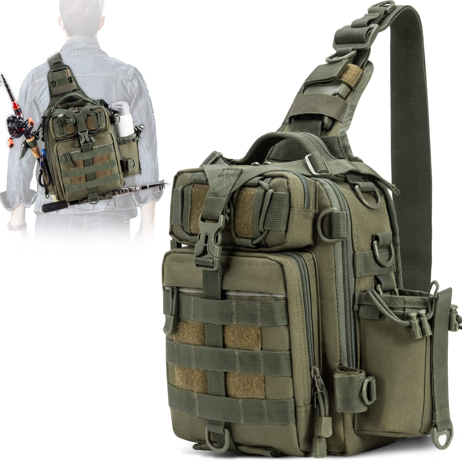 BLISSWILL Outdoor Tackle Bag - Large Water-Resistant Fishing Backpack with Rod Holder (Army Green)