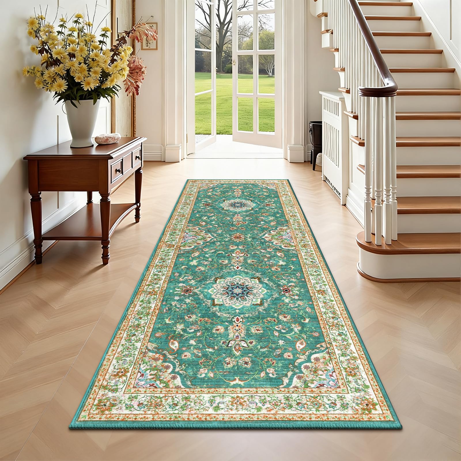 Enyhom Hallway Runner Rugs 60 x 180cm Green Non Slip Entrance Carpet Runner Long Vintage Floral Kitchen Runner Area Rug Washable Floor Mat for Living Room Bedroom Dining Room