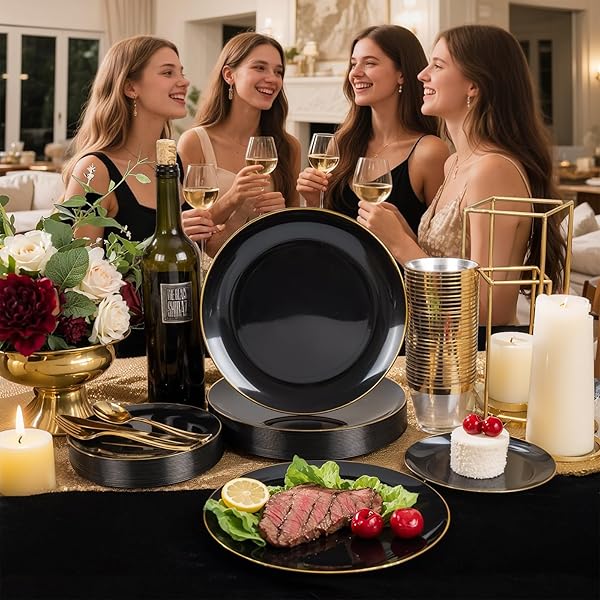 WDF 150PCS CHRISTMAS PLATES PLASTIC DISPOSABLE – 25 GUESTS GREEN PLATES WITH GOLD TREE, CLEAR GOLD CUPS, PERFECT FOR CHRISTMAS PARTIES