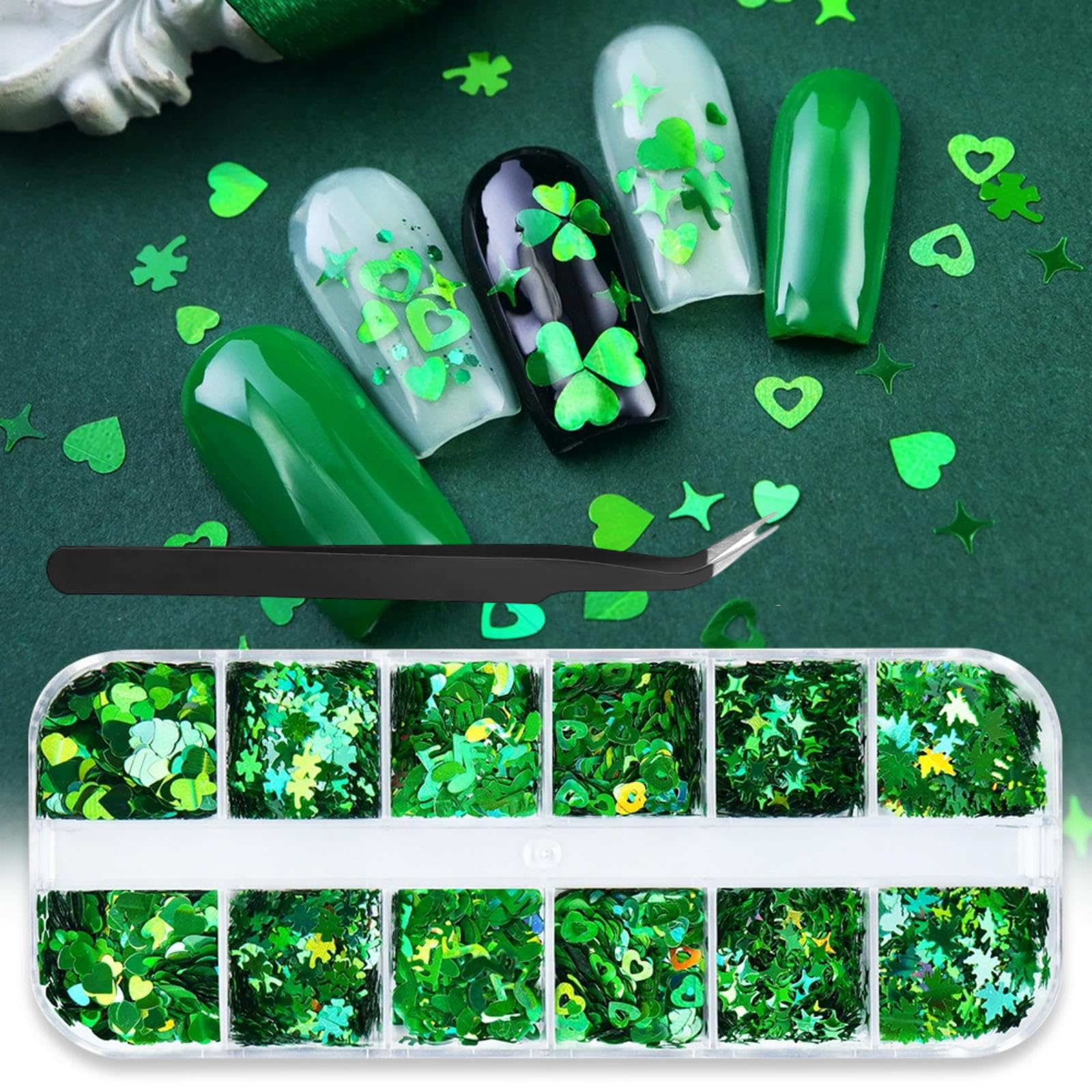Photo 1 of 1 Box Holographic St. Patrick's Day Nail Glitter Shamrock Clover Nail Sequins 3D Green Nail Flakes Sparkly Glitter Flakes Shiny Nail Glitter Hearts Star Nail Sequins Glitter for Nails Art 12 Grids