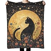 IAFQWDS Mystical Witchy Floral Black Cat Throw Blanket, Cat Lover Gifts, Whimsical Dark Academia Moon Celestial Black Kitty Blanket for Home Bedroom Living Room Couch Bed Sofa Decoration, 50x60 Inches