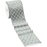 MAYREEL Silver Christmas Tree Ribbon 4 Inch, Metallic Diamond Glitter Velvet Wired Edge Lattice Ribbon for Gift Wrapping, Flo