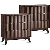 T4TREAM Fluted 3 Drawers Nightstand Set of 2, Oversized Extra Large Modern Side Table, End Table Bedside for Bedroom, Living Room, Curved Profile Design, Dark Walnut
