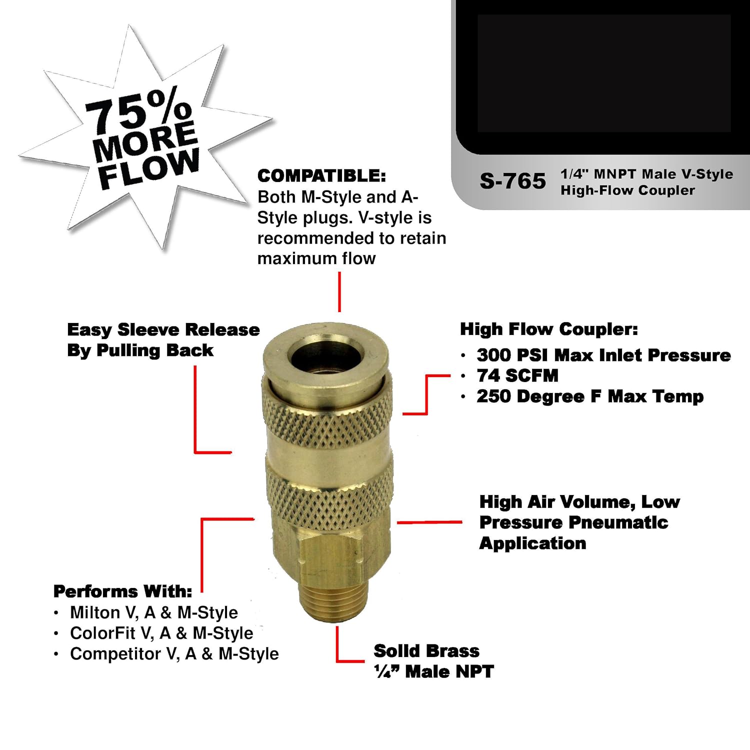 Milton Industries S-765 HI-Flo V-Style -FeetA, M, V-Feet 1/4-Inch MNPT Brass Body, Single - Air Tool Fittings - 