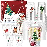 Xuelimei 16oz Christmas Disposable Plastic Cups with Lids and Straws-Xmas Tree Santa Reindeer Snow Cold Drinks, Coffee, Beer, Drinks, Ice Cream, Drinking Cups for Holiday Party Supplies. (50)