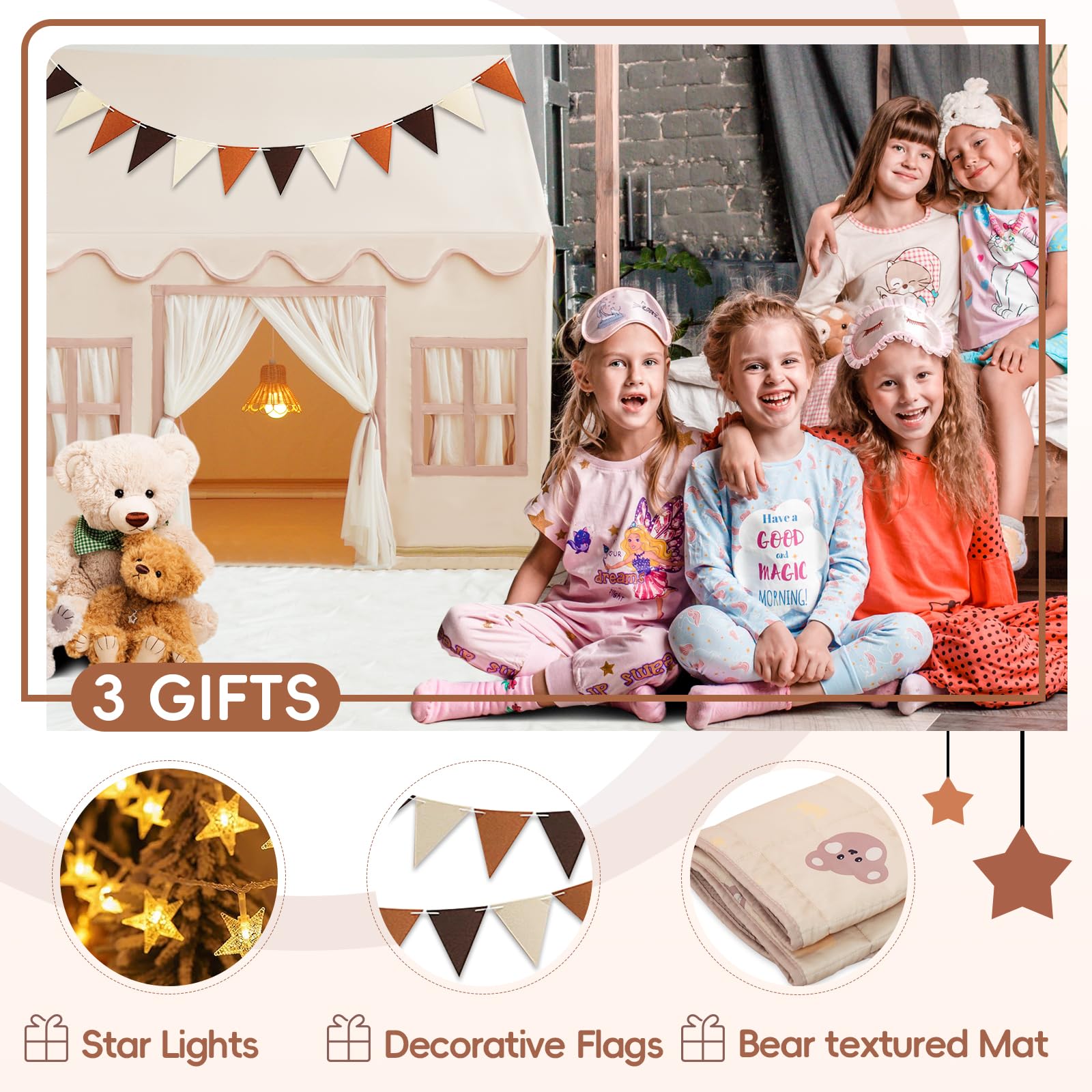 Play Tent with Padded Mat, Pennant Banners, Fairy Lights - Cream Kids Playhouse with Multiple Windows for Indoor and Outdoor, Large Play House Toys for Toddler, Boys and Girls