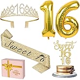 16th Birthday Decorations for Girls Gold with Sweet 16 Sash and Tiara, Cake Topper and Candles, Number Balloons, Sweet 16 Party Decoration Gifts