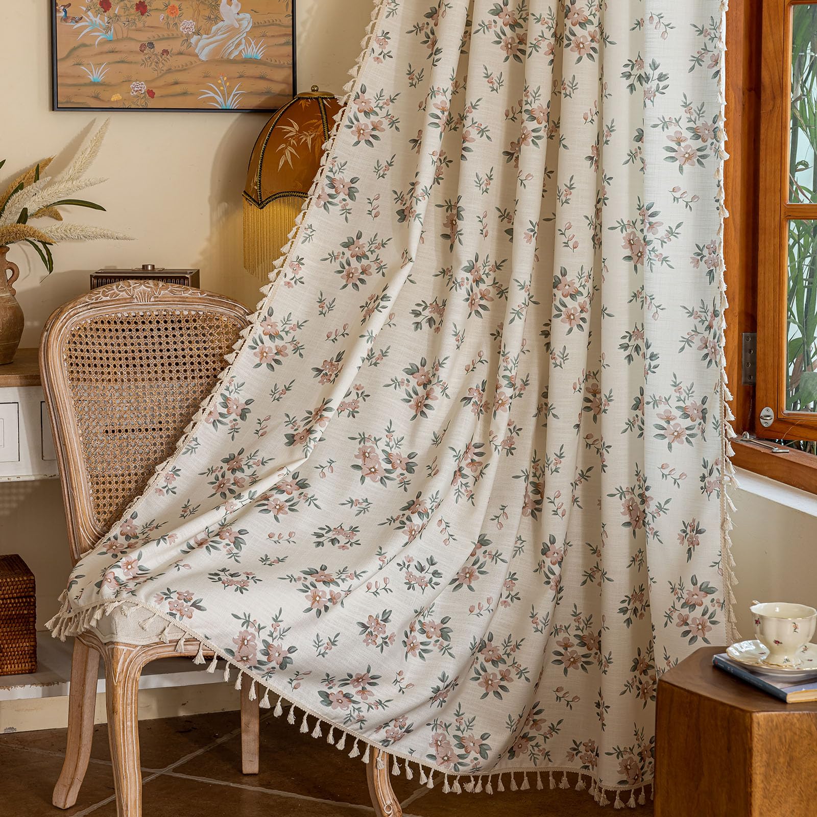 Photo 1 of OYX Pink Boho Floral Window Curtains 84 Inch Long 2 Panels, French Vintage Farmhouse Vintage Country Rustic Tassels Printed Drapes for Living Room Bedroom, Rod Pocket Light Filtering Decor Aesthetic