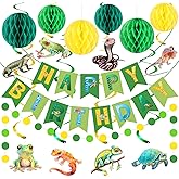 Larbful Reptile Swamp Happy Birthday Banner with Honeycomb Ball and Reptile Hanging Swirls Safari Animals Lizard Snake Alligator Wilderness Jungle Birthday Party Supplies
