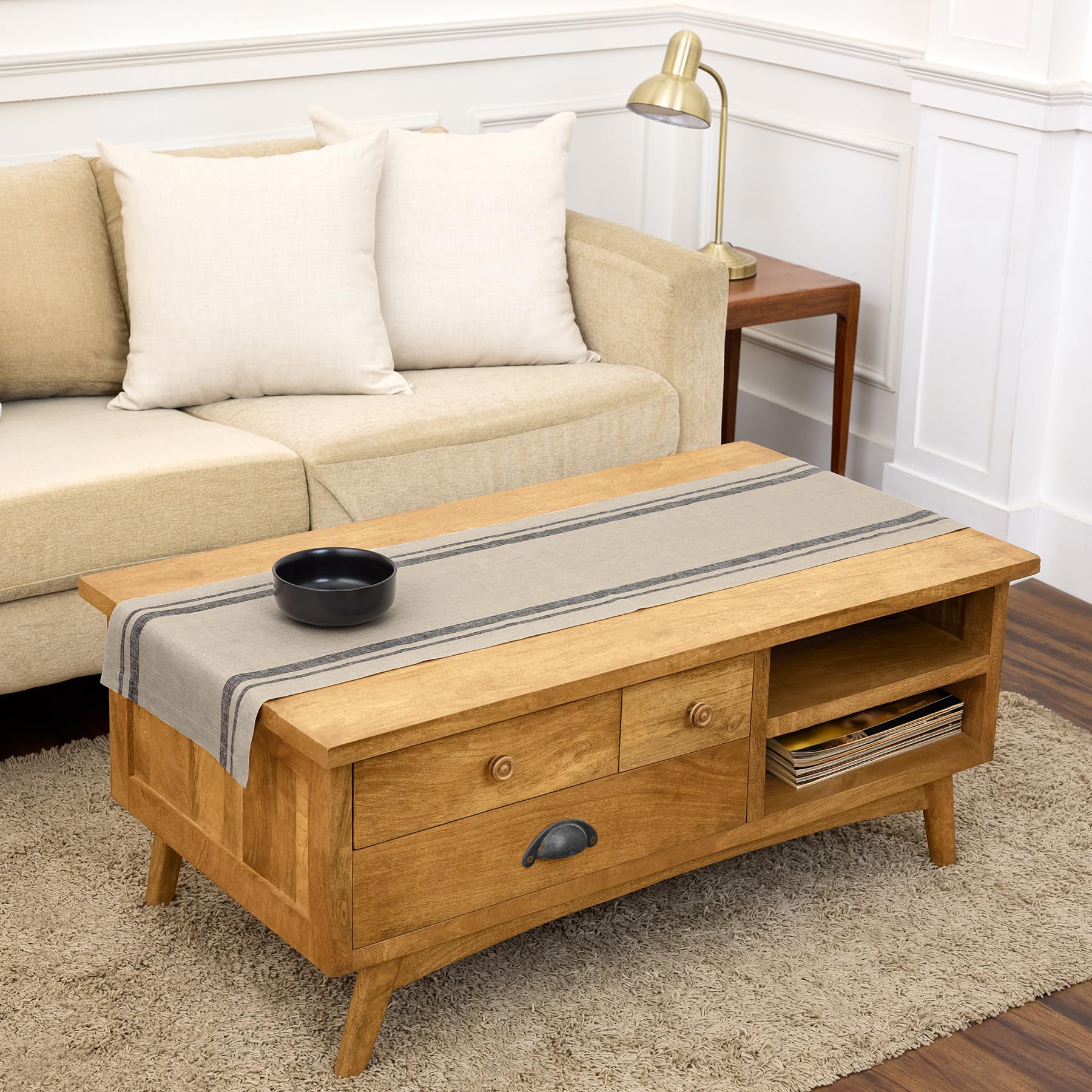 Solino Home Linen Table Runner 48 Inches - French Stripe, 100% Pure Linen Black and Natural Farmhouse Table Runner 14 x 48 Inch Ideal for Dresser and Coffee Tables