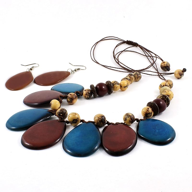 Blue Statement Tagua Nut Necklace and Earring