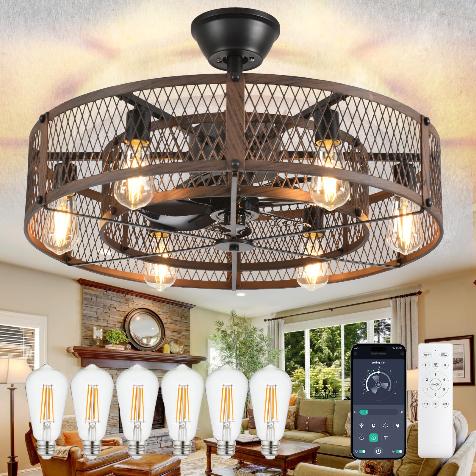 Photo 1 of *** PARTS ONLY ***DLLT Caged Ceiling Fan with Lights: 26" Bladeless Fandelier with Light and Remote - Walnut Industrial Chandelier Fan Light for Bedroom Living Dining Room Kitchen