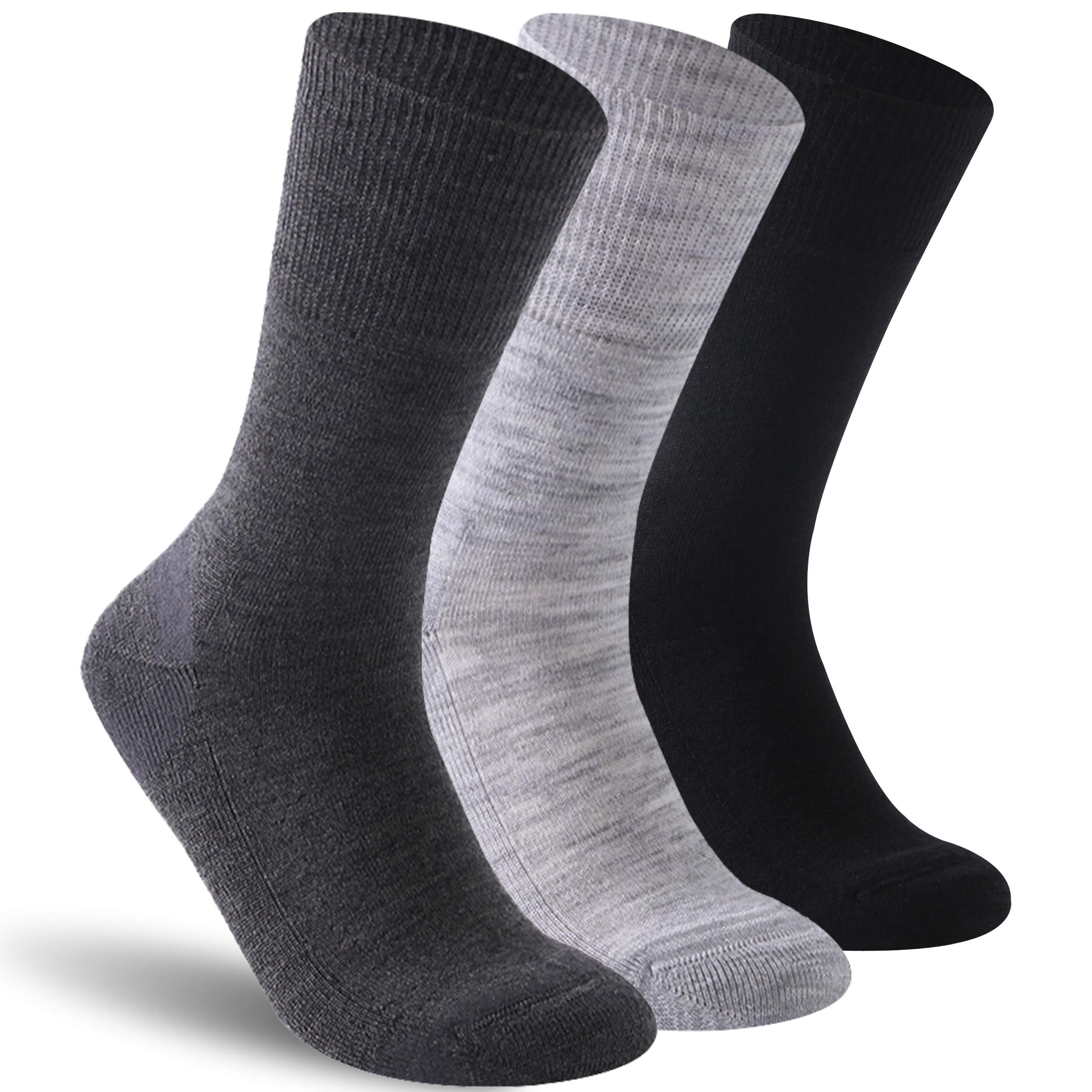 Photo 1 of ***(USED/ MINOR DAMAGE)***Facool Wide Crew Loose Top Socks, Mens Womens Merino Wool Non-Binding Diabetic Wellness Socks with Seamless Toe(Big and Tall Available), 3 Pair Multi-Color Light Gray, Black,Deep Gray, Large