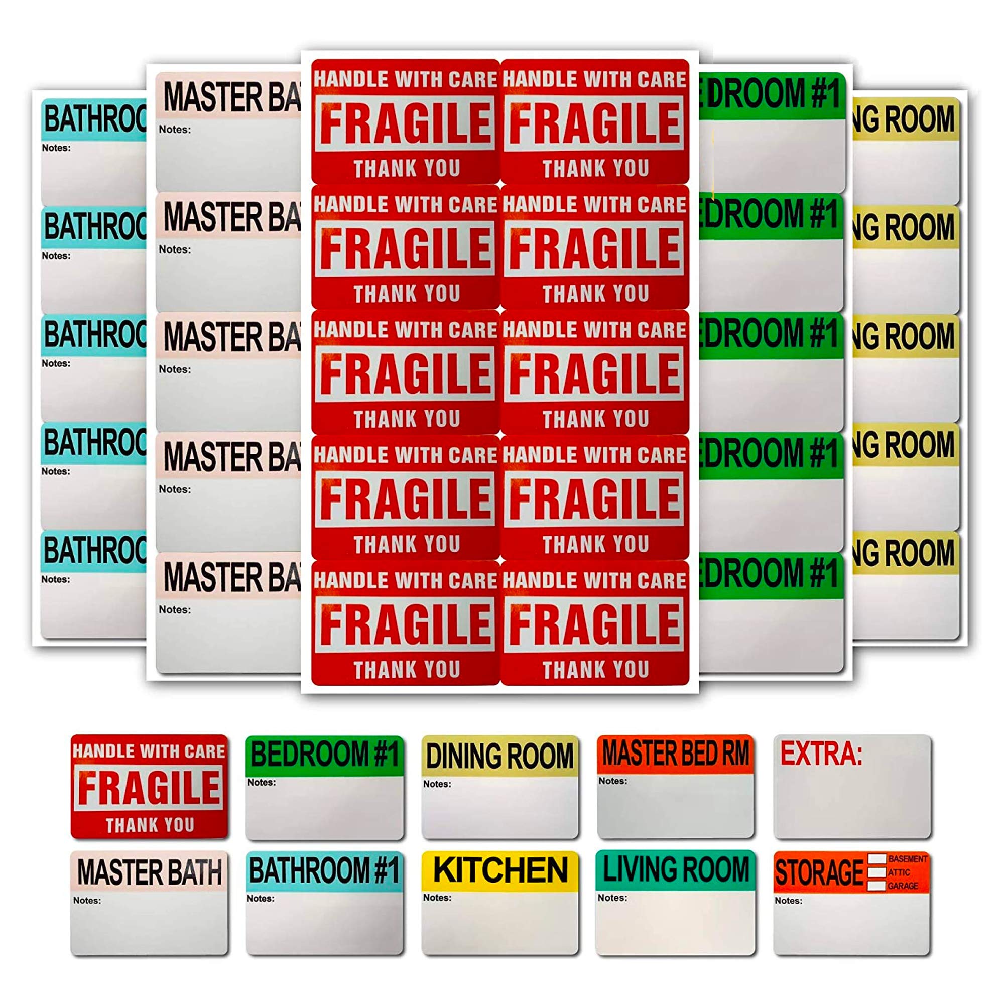 500 Moving Home Box Labels (50 Stickers Each) for Removals from Houses, Flats and Apartments, Moving Labels for Boxes - Fragile, Bedrooms, Bathrooms, Kitchen, and Extra