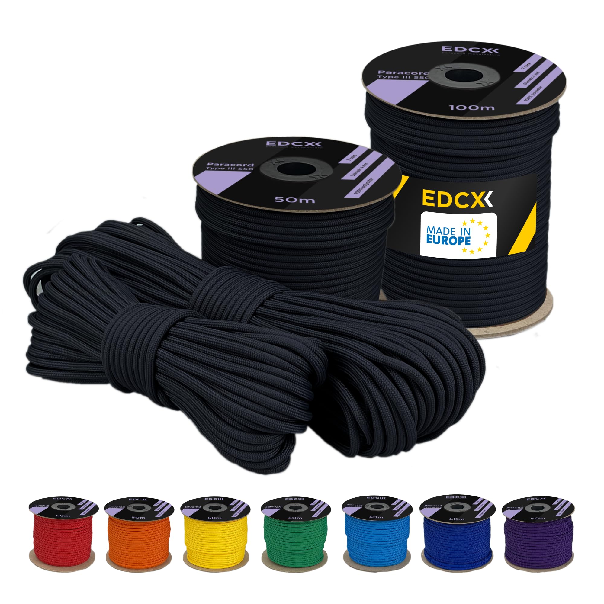 EDCX 4 mm Polyester Paracord 550 (15, 30 and 50 m) – 4 mm Type III, Tear-Resistant Parachute Cord for Survival Made of 100% Polyester with 7 Wires | Solid Colours (Black, 50 m)