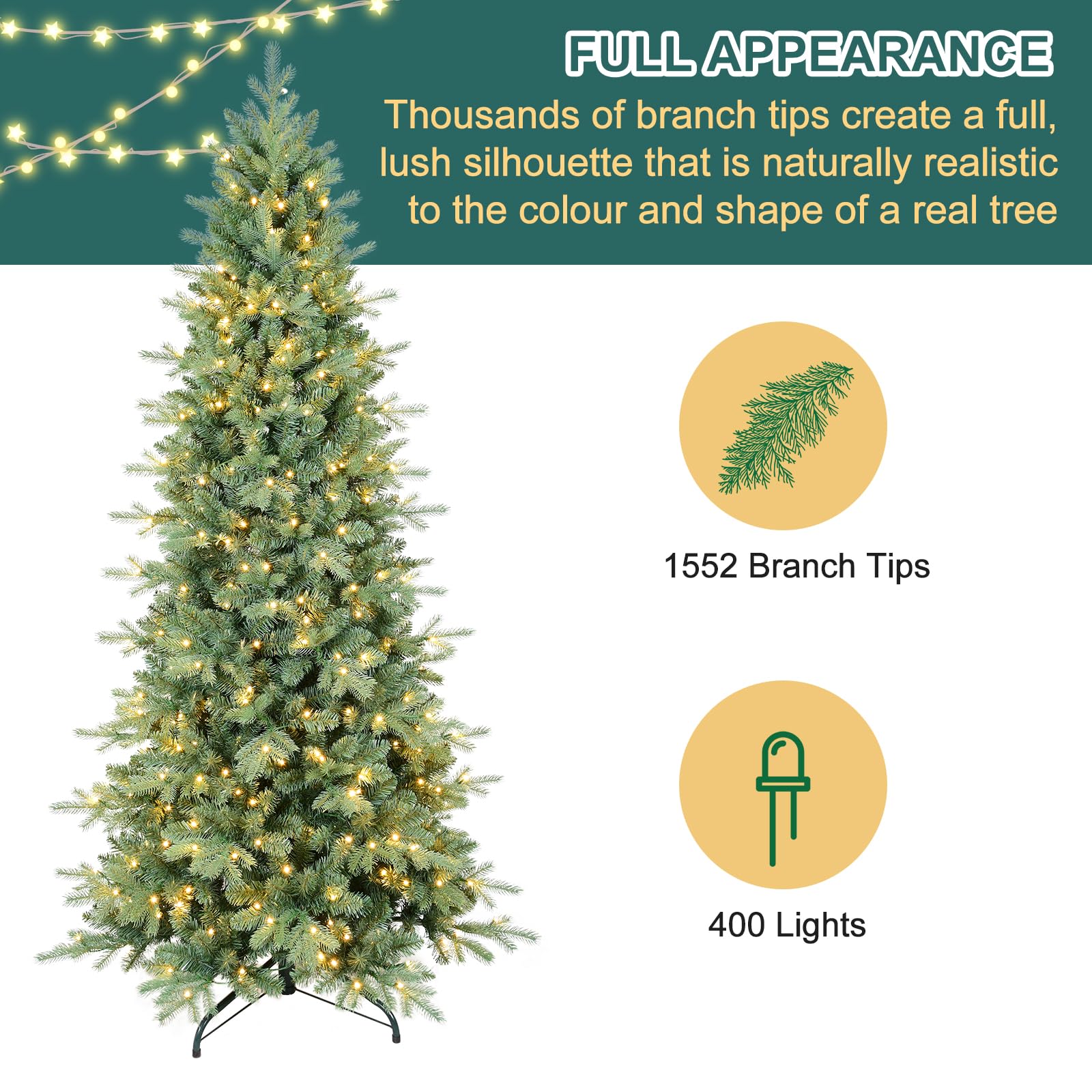 7 FT Prelit Artificial Skinny Christmas Tree,Blue Spruce Slim Pencil Xmas Tree with 1552 PE&PVC Mixed Branch Tips and 400 UL Listed Clear Lights,Hinged Pine Tree with Metal Stand for Home Office Décor
