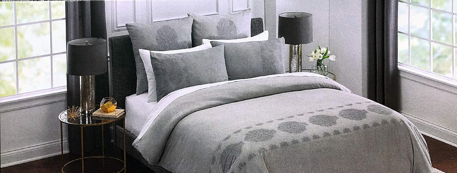 Home Kitchen Duvet Cover Sets Tahari Bedding 3 Piece King Size Luxury Linen Cotton Blend Duvet Cover Set Embroidered Needlepoint Style Gray Geometric Medallions On Lighter Gray Tahari Home