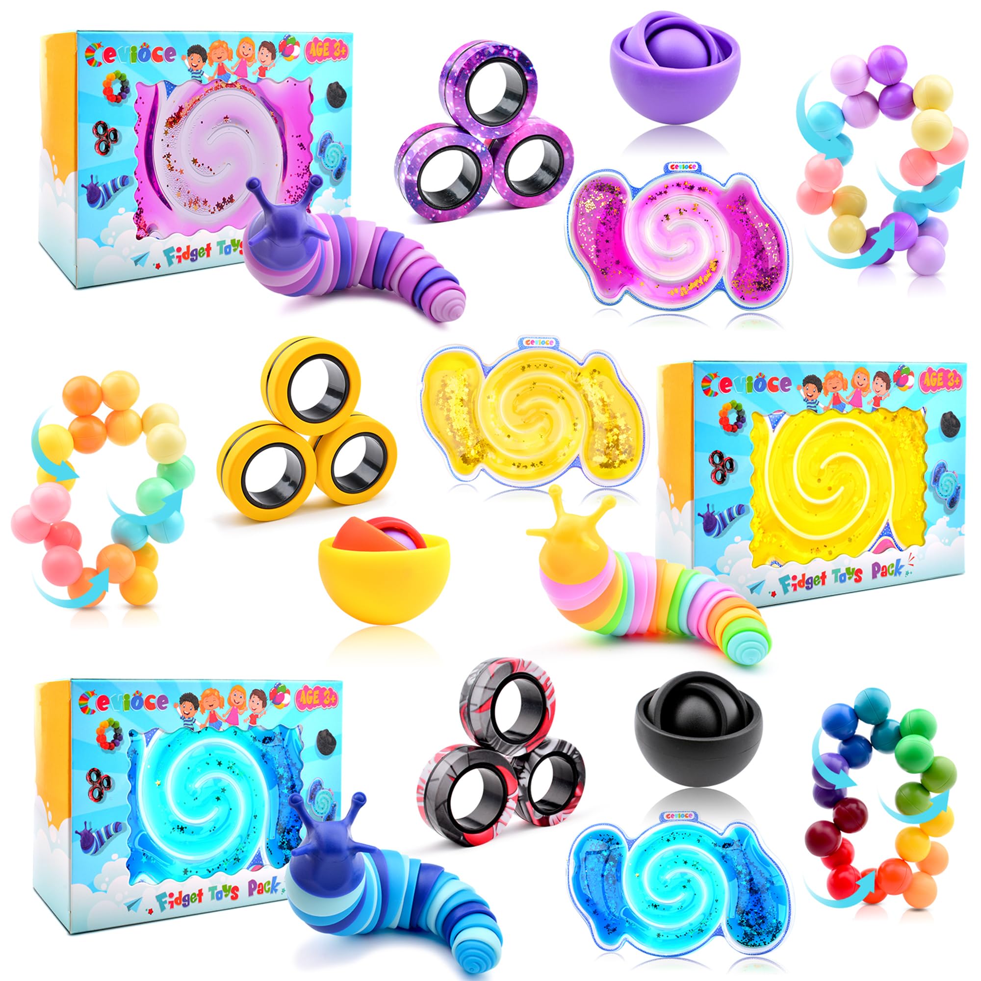 Cevioce 15Pcs Fidget Toys Adults Pack,Stocking Stuffers for Teens Boys Girls,Autism Sensory Toys with Fidget Spinner Slug Magnetic Rings,Squishy Fidget Toys ADHD Stress Relief,Party Favor for Kid-BPY