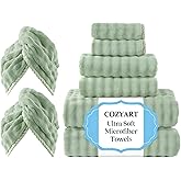 COZYART Lint Free Towel Sets 8 Pcs Sage Green, Thick, Super Soft, Absorbent & Quick Dry Microfiber 3D Bubble Bathroom Daily Use Set with 2 Bath Towels, 2 Hair Towels, 2 Hand Towels, 2 Washcloths