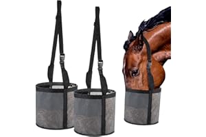 Locmeo 2 Pcs Horse Feed Bag Comfort Breathable Mesh Feed Bucket Heavy Duty Feed Bag with Adjustable Strap and Waterproof Bottom for Horse Feeding Supplies Muzzle Feed Bag, Medium (Gray)