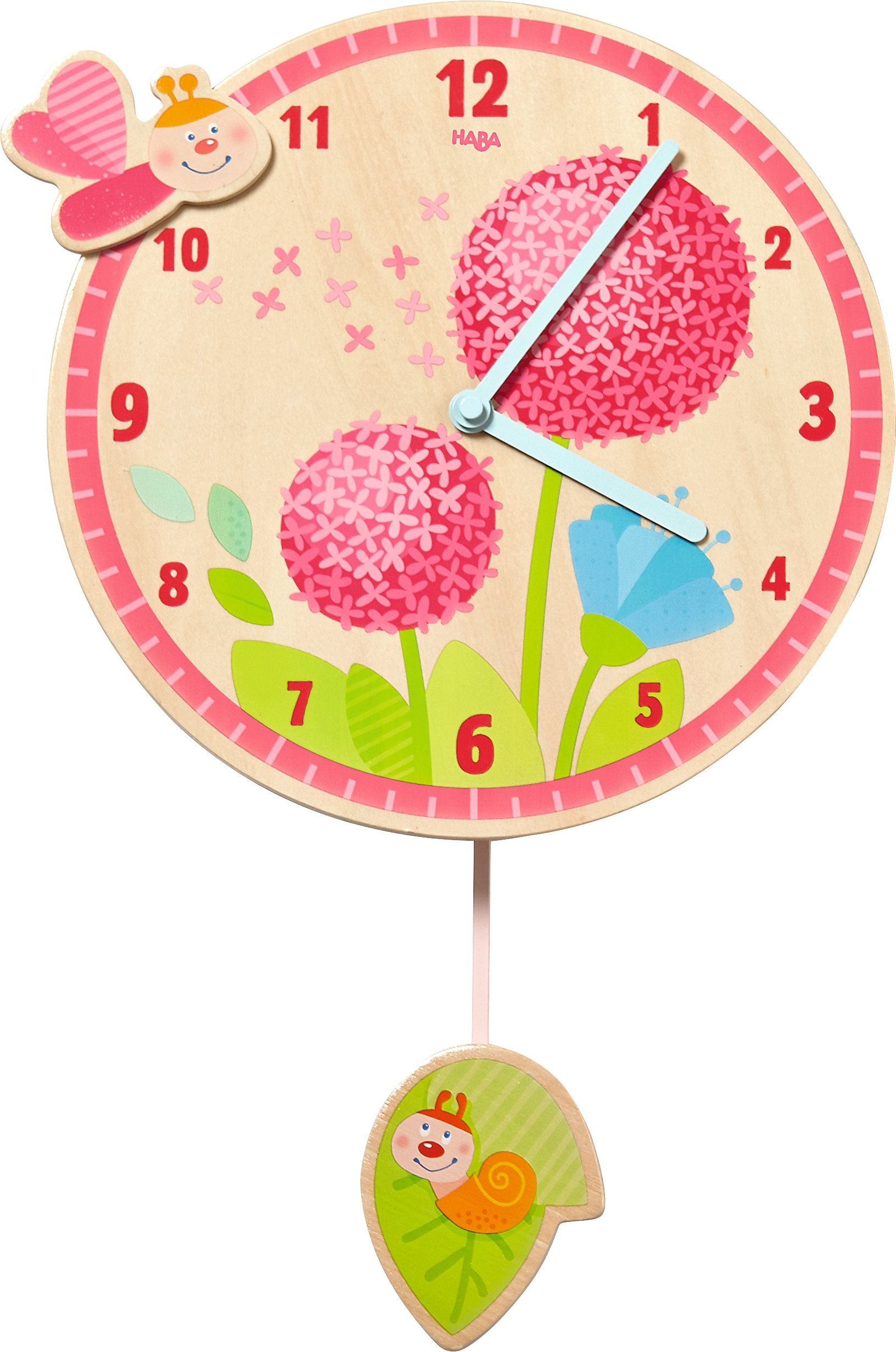HABA 302507 – Dandelion Dream Wall Clock for Girls, Children's Clock with Diameter 25 cm for the Wall Made of Plywood, Learning Clock Function thanks to Dial with Minutes, for Children's Room