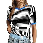 Tankaneo Womens Short Puff Sleeve Tops Trendy Striped Color Block T Shirts Crewneck Casual Shirts