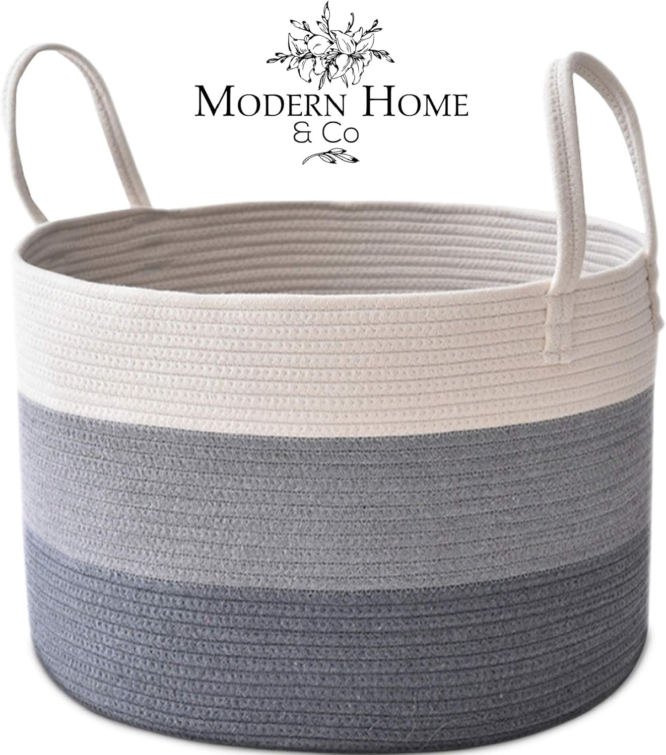 Modern Home & Co XXL Cotton Rope Basket 20X13.3 Woven Baby Laundry Baskets Storage Bins,Thread Hamper Decorative Clothes Wicker Bin With Long Handles Extra Large For Blanket,Pillows,Toy,Coiled Grey