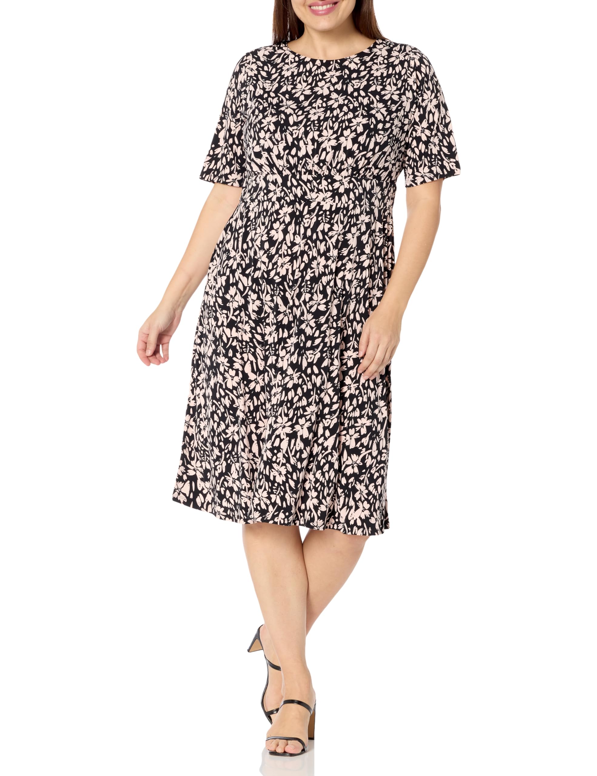 London Times Women’s Dresses Printed Matte Jersey A-Line Midi Black/Blush