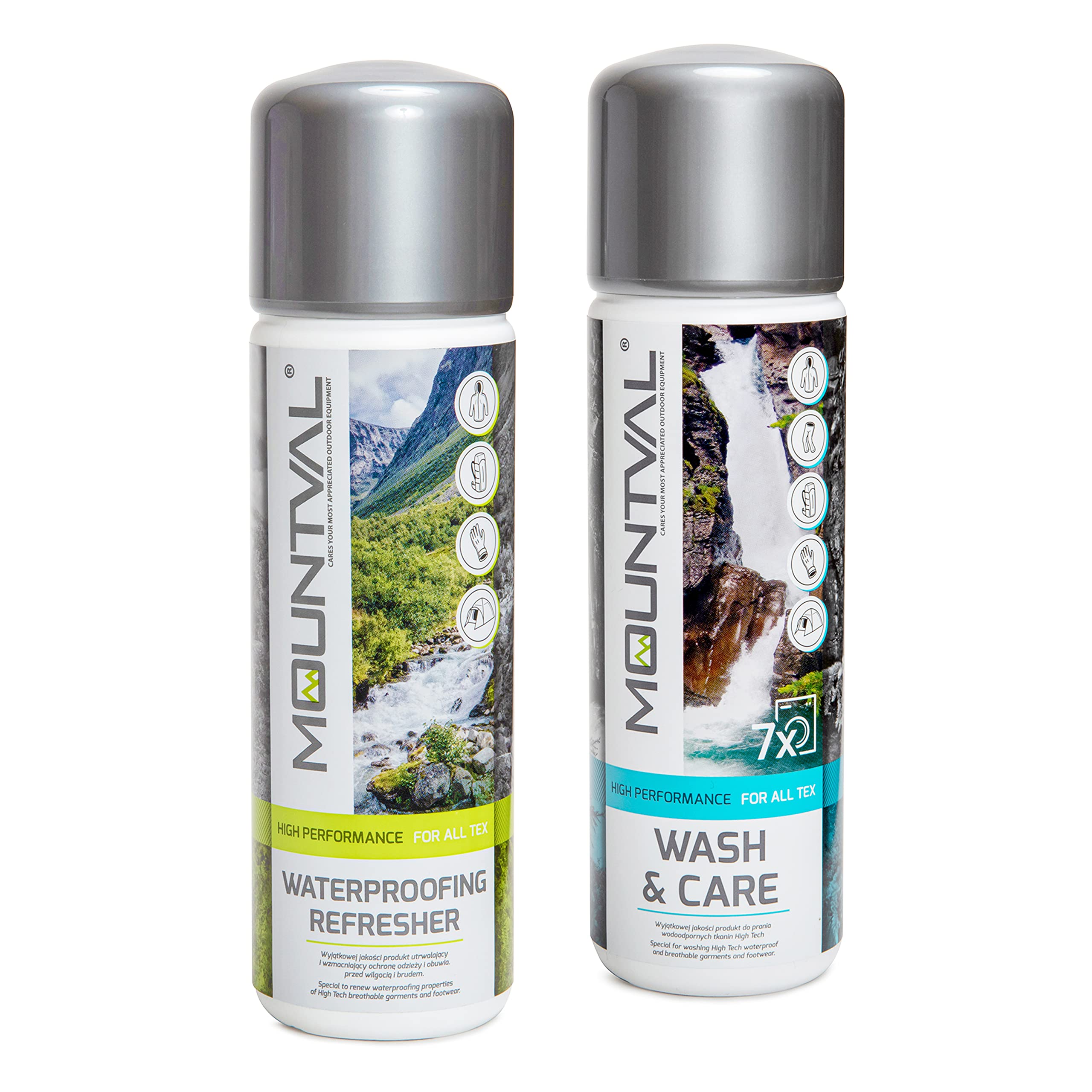 Mountval Wet Weather Clothing Care Set, Wash & Care (315ml), Waterproofing Refresher (300ml), Protection for Technical and Wet Weather Clothing, Equipment & Hiking Gear incl. GORE-TEX