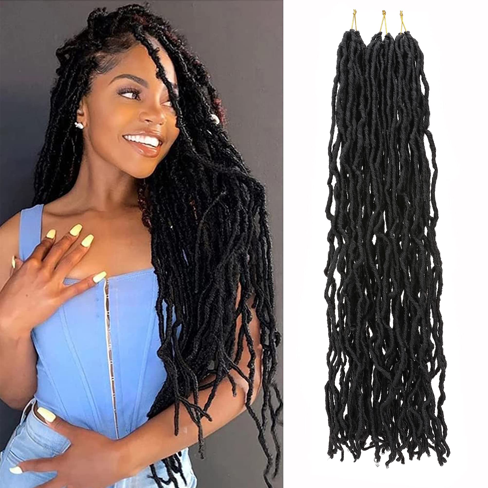 24 Inch Nu Faux Locs Crochet Hair 3 Packs 110g Pre-looped Goddess Locs Crochet Hair 21 Strands/Pack Soft Dreadlocks Synthetic Hair Extensions Natural Black